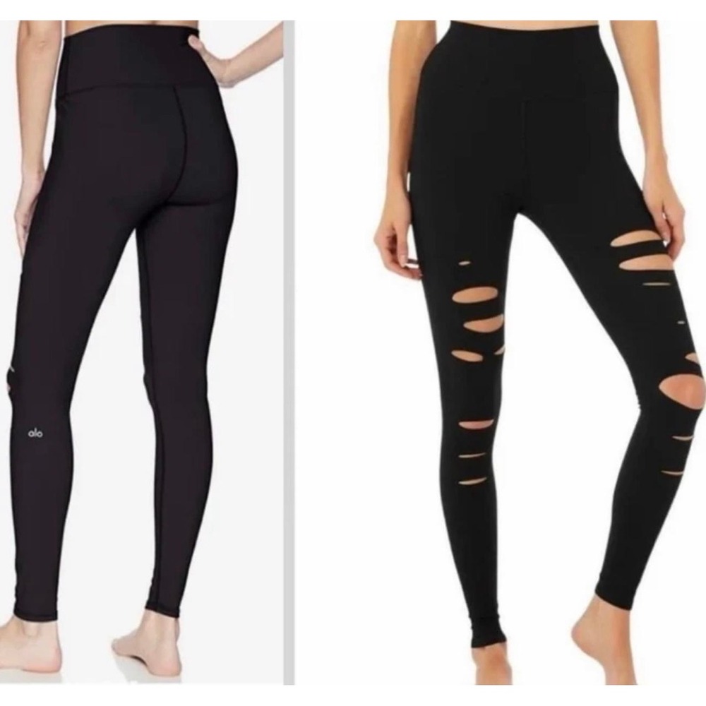 Alo Yoga Black High-Waist Ripped Warrior Leggings Size Small Distressed Pants